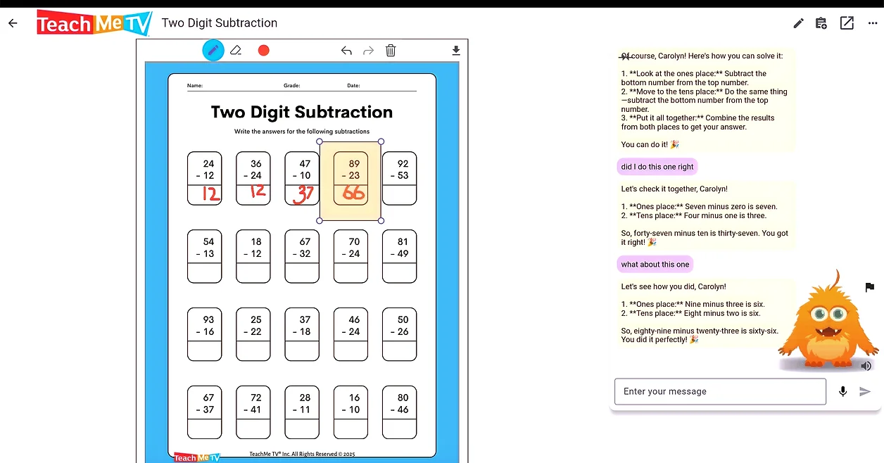 Brenda helping a student through a two-digit subtraction worksheet