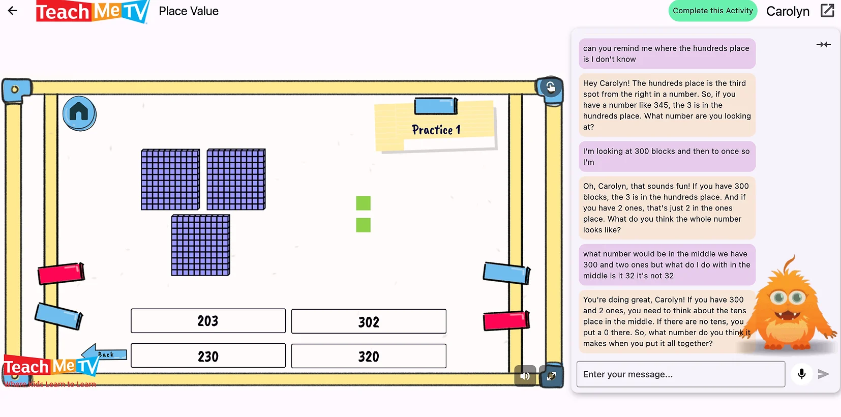 A math exercise with Brenda, the AI learning guide, helping in the chat