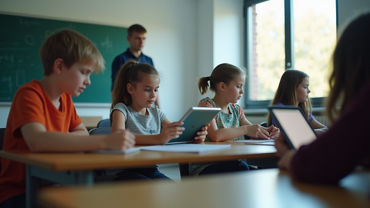 Eye-level view of a classroom with students using tablets