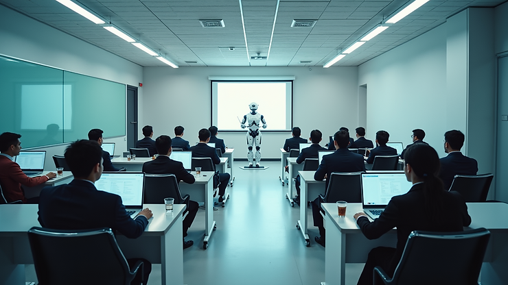High angle view of a futuristic classroom with AI technology