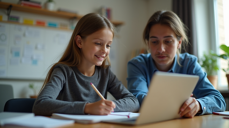 Eye-level view of a teacher and student using an educational app