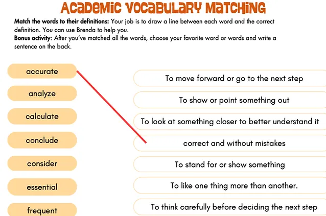 An academic vocabulary matching worksheet
